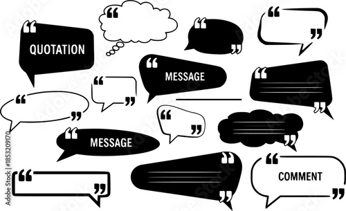 Set with quote box frame in abstract style. Vector texting quote boxes. Bubble banners with quotation, message and comment.
