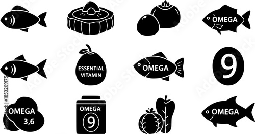 Set of omega 3,6 and 9 vector icons. Fish fat. Essential vitamin. Healthy natural product. Vector 10 Eps.
