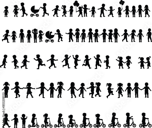 Diverse black silhouette collection of playful children kids and toddlers running holding hands and riding scooters isolated on white background for childhood designs