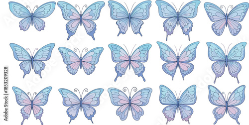 Butterfly illustration grid, blue and pink wings, unique patterns, artistic design, nature, insect, symmetry, visual puzzle, decorative, stylized, vibrant