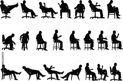 Diverse collection of black silhouettes featuring men sitting in various chairs and office stools with different postures and body language isolated on white