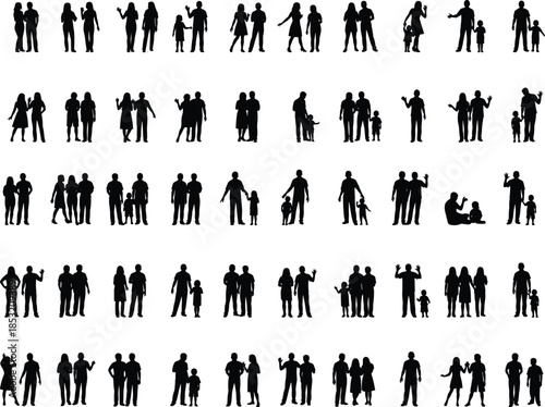 Diverse Family Silhouette Set Featuring Couples Parents with Children Toddlers and Multi Generational Families Standing Together for Community Social Inclusion and Lifestyle Vector Illustrations