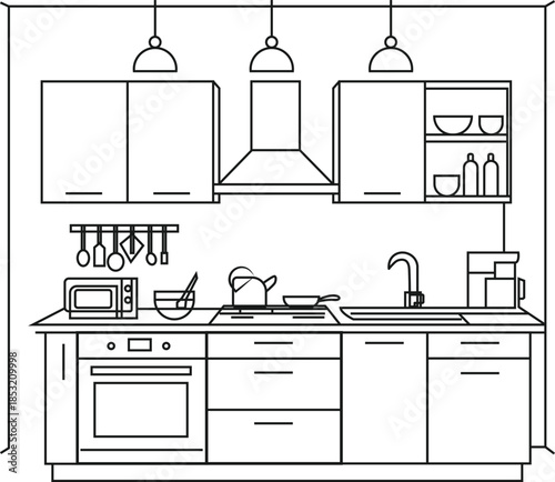 Simple kitchen design with black and white line art illustration style