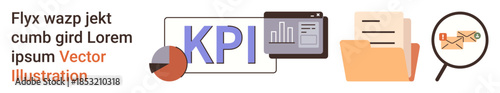 Business analytics, performance tracking, data management, productivity, corporate strategy, financial planning. Includes KPI chart, document folder magnifying glass searching an envelope. Business