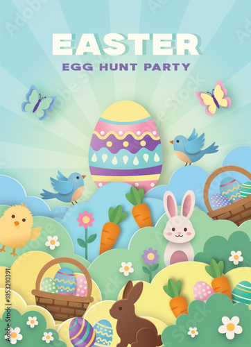 Easter poster or party invitation background with large egg, bunnies, birds, chick, baskets and carrots in paper cut style. Blue sky with sun rays and green grass layers with flowers