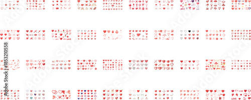 Collection of red heart symbols and love emojis on white background hearts