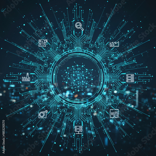 Abstract Technology Concept of Global Connectivity and Data Processing with Futuristic Circular HUD Interface and Digital Circuitry