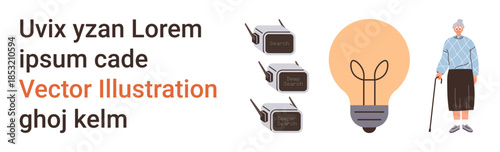 Healthcare, surveillance, innovation, elderly care, privacy, safety. Elderly woman with cane, light bulb and stacked security cameras. Elderly care and surveillance illustrated