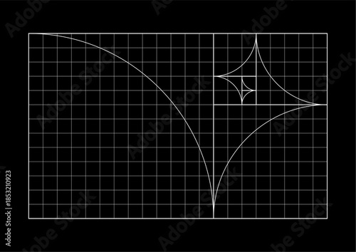 Golden Ratio Fibonacci Spiral Geometric Grid on Black Background.