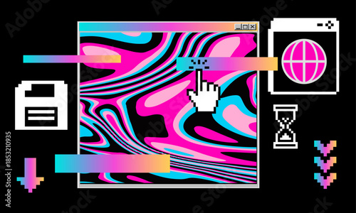 Vibrant retro UI tabs with swirling psychedelic patterns in neon pastels. Conceptual vector illustration for vaporwave aesthetics, retro computing nostalgia, digital surrealism, and glitch art.