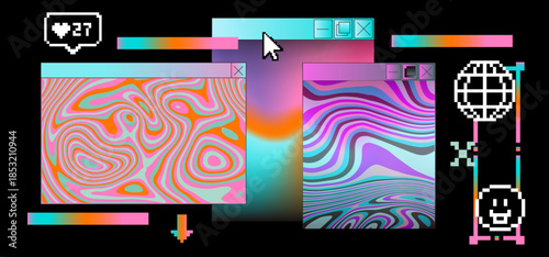 Vibrant retro UI tabs with swirling psychedelic patterns in neon pastels. Conceptual vector illustration for vaporwave aesthetics, retro computing nostalgia, digital surrealism, and glitch art.
