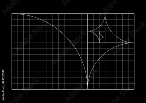 Golden Ratio Fibonacci Spiral Geometric Grid on Black Background.