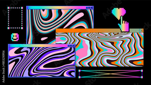 Vibrant retro UI tabs with swirling psychedelic patterns in neon pastels. Conceptual vector illustration for vaporwave aesthetics, retro computing nostalgia, digital surrealism, and glitch art.