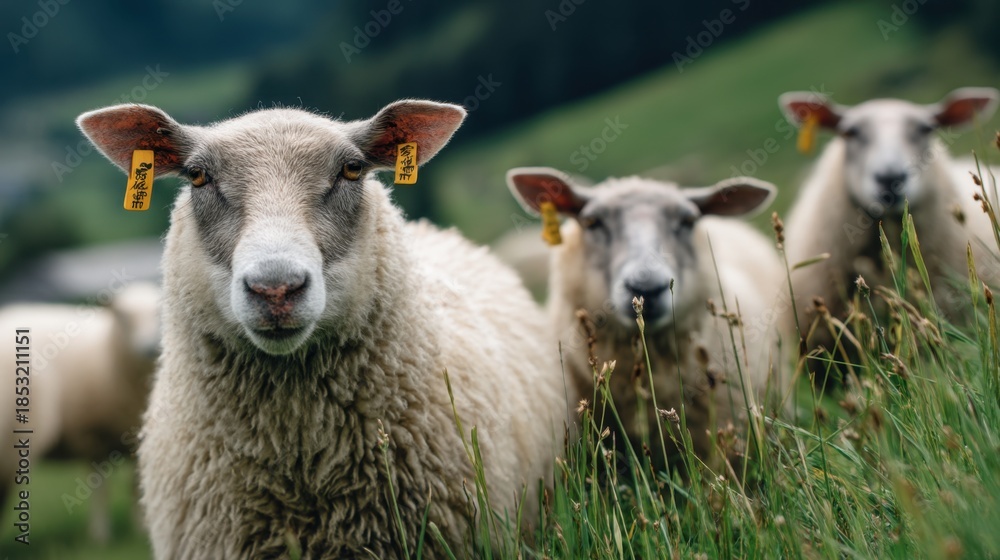 Obraz premium Sheep are grazing in a green field with grass. Several sheep are in focus while others are spread across the field. The sun is shining on a clear day.