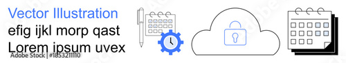 Data security, cloud storage, time management, software development, cybersecurity, digital tools. Graphic shows a padlock on a cloud, calendars and a gear icon. Data security and cloud storage