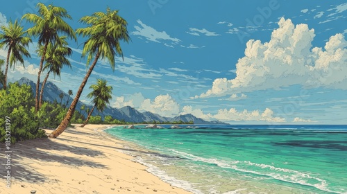 A beach with soft sand and palm trees sways gently in the breeze. The bright blue ocean meets the shore while mountains rise in the background under a blue sky with fluffy clouds.