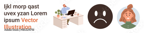 Workplace culture, communication issues, emotional wellbeing, professional vibes, teamwork, self-expression. An office desk with a person, a sad face emotion and a smiling avatar. Communication