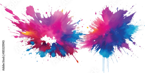 Colorful ink splashes and blots create a vibrant watercolor splatter pattern with artistic paint drops and rainbow vector textures for a decorative grunge design element