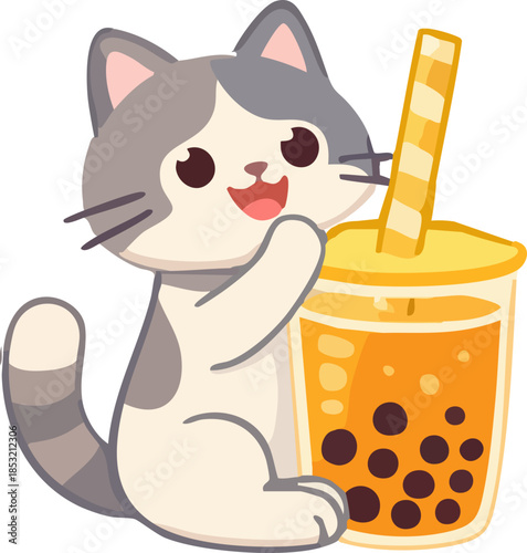 A cute cartoon kitten happily hugs a cup of orange bubble tea with tapioca pearls, illustrated in a playful kawaii flat style