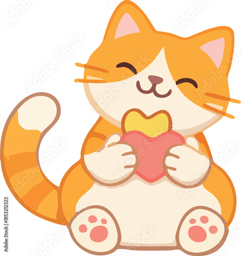 A cute kawaii-style cartoon cat sits smiling with closed eyes while holding a pink heart cookie, illustrated in a soft flat vector style