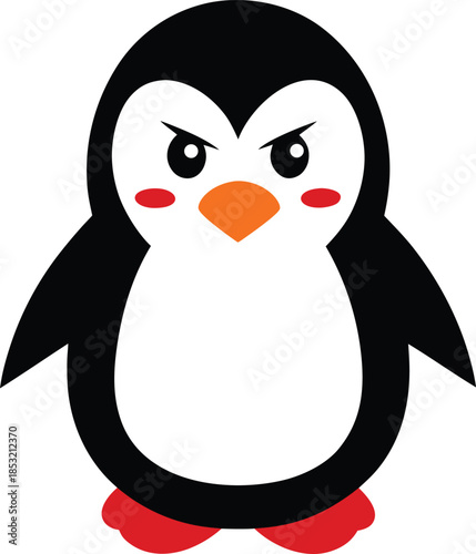 Angry blushing penguin character vector illustration on blue background