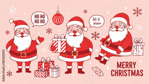 Cute Merry Christmas Santa Claus Character Set with Gift Boxes Snowflakes and Speech Bubbles on a Soft Pink Holiday Festive Background (21 words)