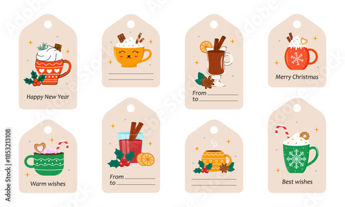 Christmas gift tag set with cozy winter drinks. Vector illustration of hot chocolate, cocoa, and mulled wine mugs. Festive holiday labels with Merry Christmas and Happy New Year text
