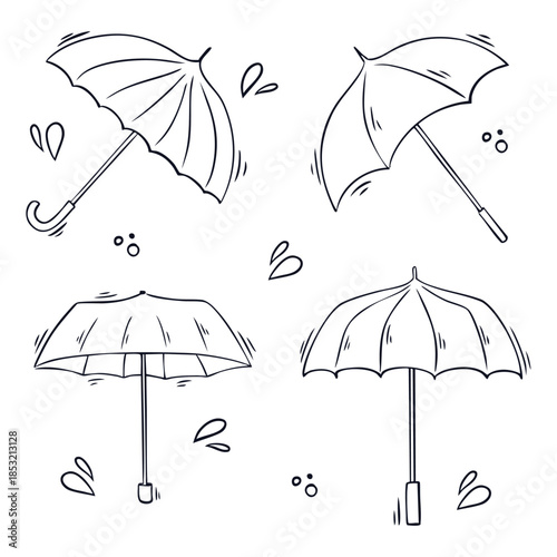 Hand-drawn vector set of umbrellas with raindrops. Black and white doodle illustration in sketch style. Minimalist autumn weather elements for coloring pages, icons, and design projects