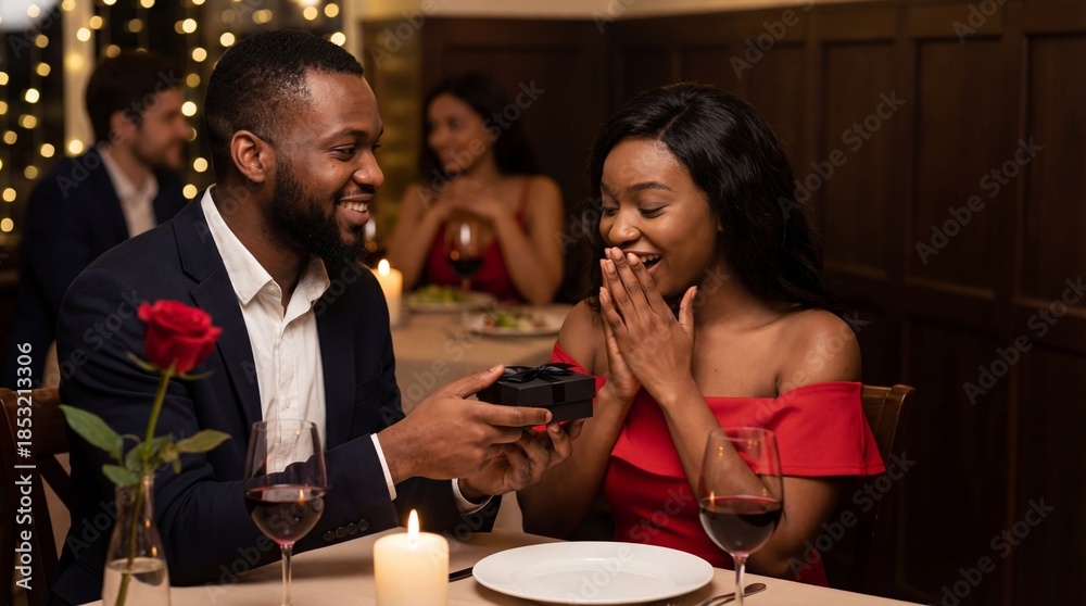 Obraz premium Happy Black couple on a romantic date in a restaurant with a man giving a gift box to a surprised woman in a red dress by candlelight at a table