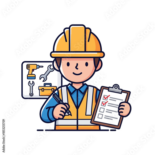 Cartoon Construction Worker Holding Clipboard and Pen.