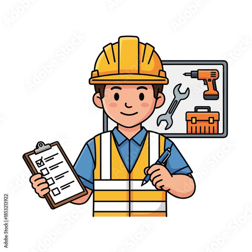 Cartoon Construction Worker with Checklist and Tools.