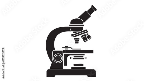 Black silhouette of a scientific microscope on a white background Keywords: microscope, science