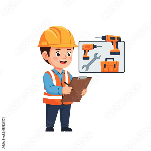 Cartoon Construction Worker with Tools Checklist.