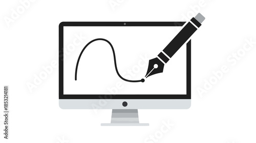Digital design illustration featuring a computer monitor and a drawing pen tool