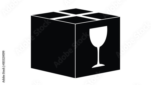 Fragile shipping label with a wine glass symbol on a black cube box illustration