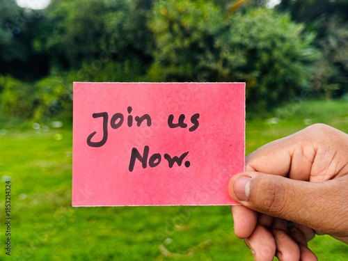 We are hiring trendy card post holding by hand, Join our team recruiting message, Drop your CV sticky note message, Vacancy here image