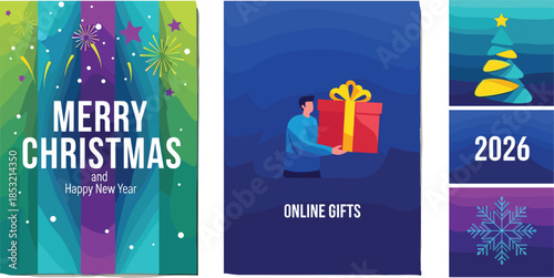 Modern Christmas and New Year 2026 Vertical Banner Set with Flat Illustration Online Gifts Shopping Christmas Tree and Snowflake Backgrounds (21 words)