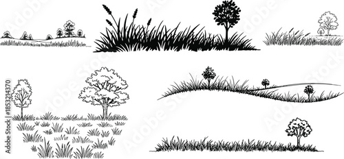 Minimalist Tree and Grass Landscape Illustrations—Black and White Nature Set