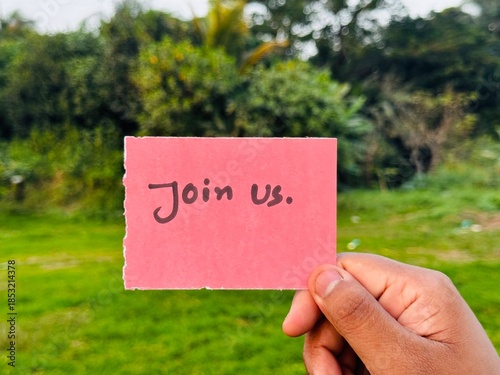 We are hiring trendy card post holding by hand, Join our team recruiting message, Drop your CV sticky note message, Vacancy here image