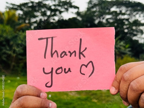 Thank you card holding, Thank you sticky note sign with green background