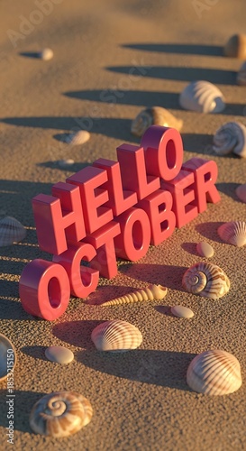 Hello October 3D Text on Sandy Beach with Seashells.