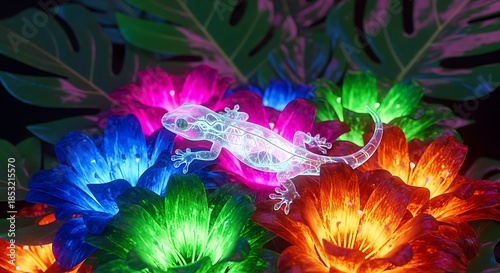 Neon Gecko and Vibrant Glowing Flowers on Tropical Leaves.