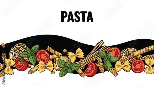 Italian Pasta Assortment Horizontal Border with Farfalle Fusilli Spaghetti Tomatoes and Fresh Basil
