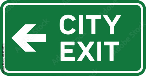 Green city exit sign with white arrow