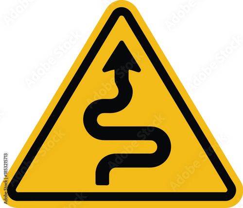 Caution road sign with arrow and winding road ahead