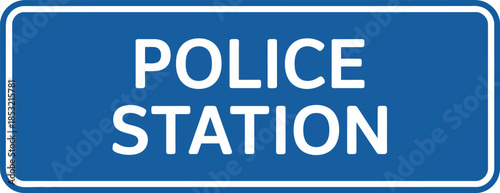 Police station sign with white text on blue background