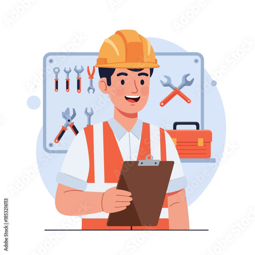 Construction Worker Holding Clipboard and Wearing Hard Hat.