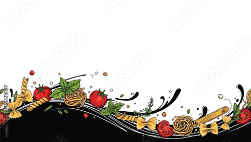 Dynamic Italian Pasta Border with Tomatoes Basil and Swirling Culinary Flourishes on White Background