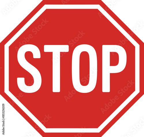 Red stop sign with white border and text on gray