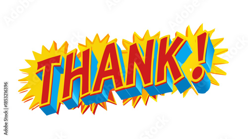 Excited thank you text with bold yellow and blue 3D lettering and bursting sunburst effect on white background